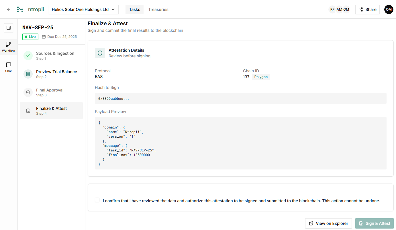 Screenshot of Ntropii attestation interface showing EAS protocol on Polygon with hash signing and payload preview