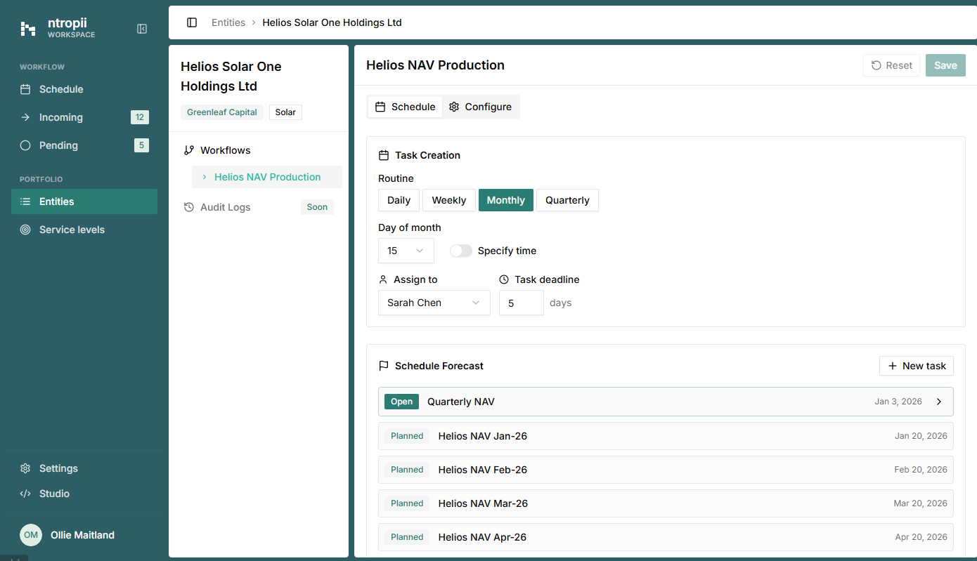 Screenshot of Ntropii scheduling interface showing NAV Production task creation with routine scheduling and forecast